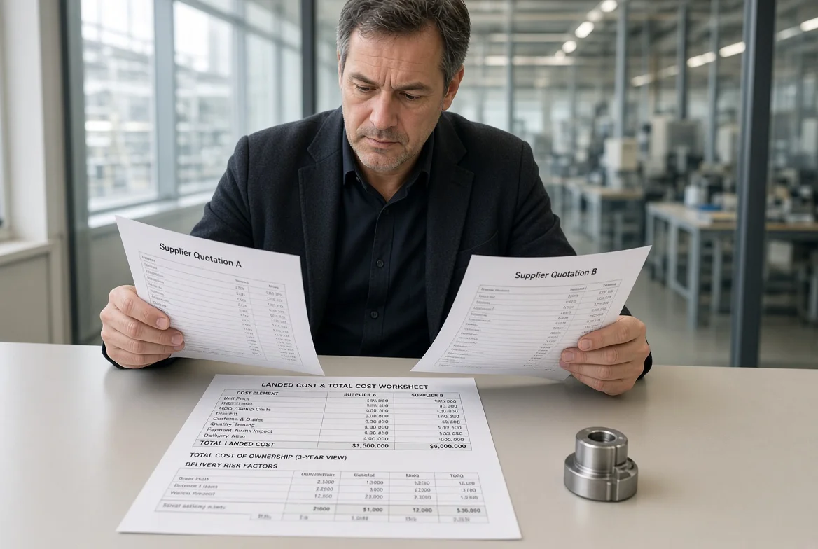 Senior procurement manager in a manufacturing sourcing office compares supplier quotations with a landed-cost and total-cost worksheet covering unit price, MOQ, freight, customs, quality, payment terms, and delivery risk.