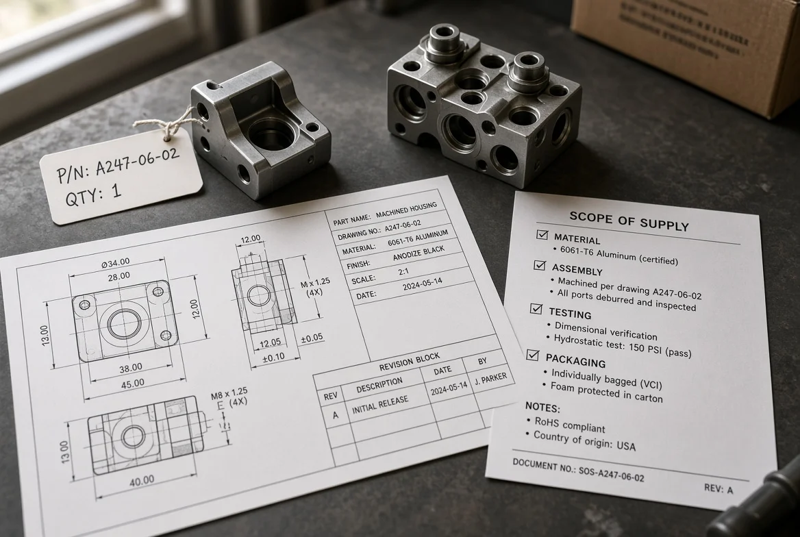 Product sample, labeled part, drawing and scope checklist for RFQ definition Custom machined component with part-number tag beside a product sample, 2D drawing and scope-of-supply checklist used to define what a manufacturing RFQ is quoting