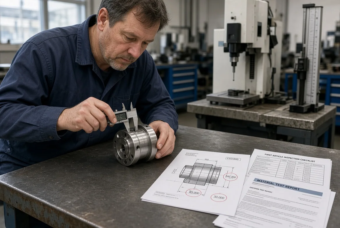 Quality inspector measuring a part against drawing and test report Factory quality inspector using a caliper on a machined component next to a technical drawing, inspection checklist and material test report for manufacturing RFQ quality requirements