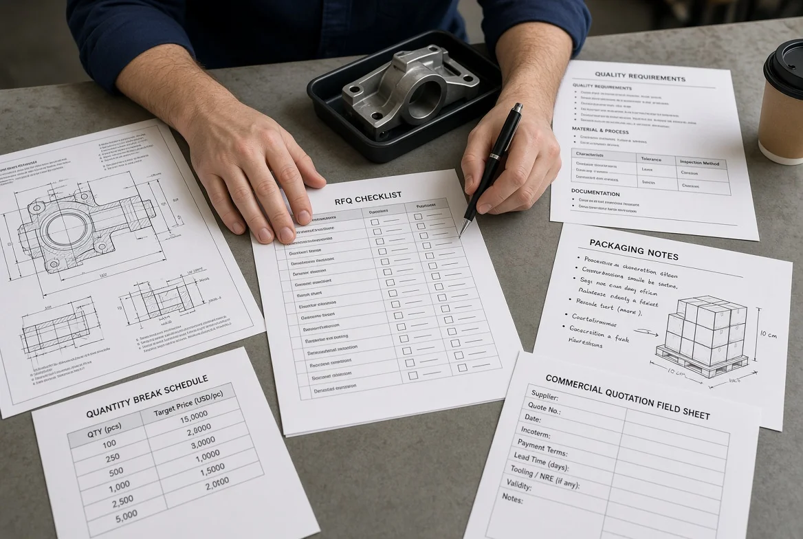 Buyer completing a manufacturing RFQ information checklist Procurement buyer filling a manufacturing RFQ information checklist surrounded by drawings, quantity schedule, quality notes, packaging details and commercial quotation fields