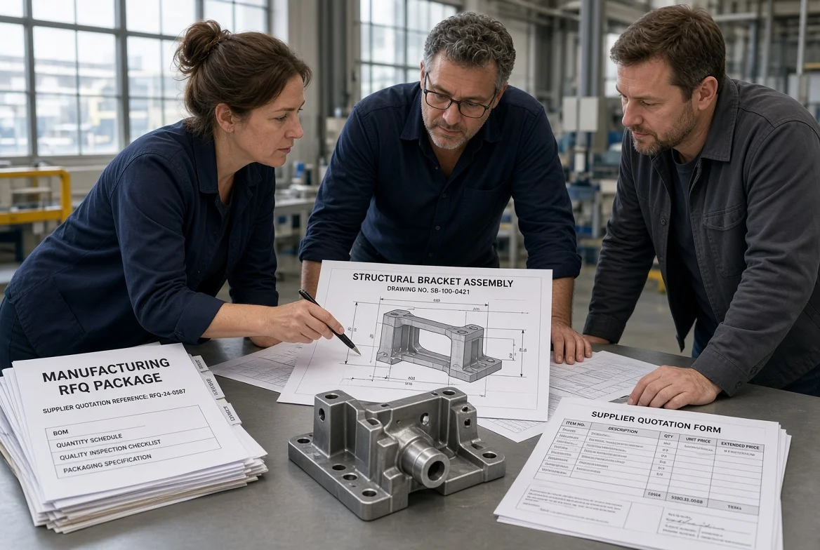 Buyer, engineer and sourcing colleague reviewing a manufacturing RFQ package with technical drawing, product sample, BOM, quantity schedule, quality checklist, packaging notes and quotation form before contacting suppliers