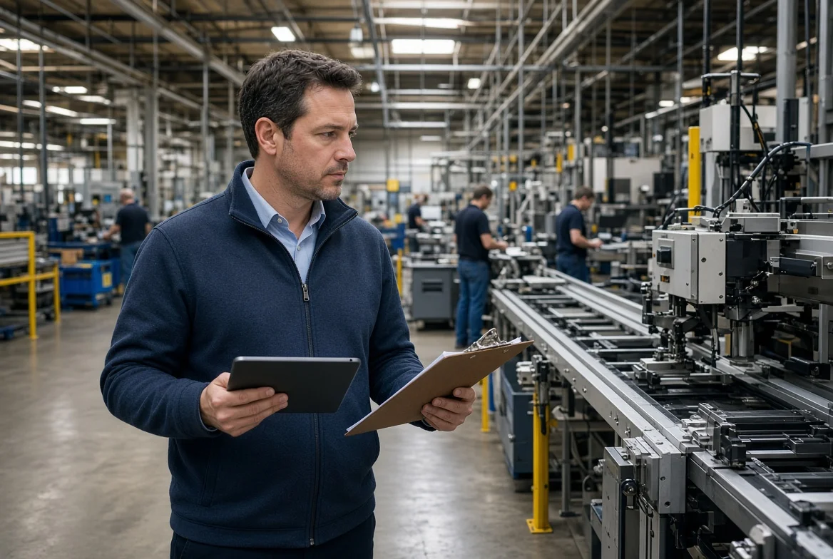 Photorealistic view of a factory auditor on a manufacturing shop floor reviewing production equipment and documents with industrial machinery and workers in the background