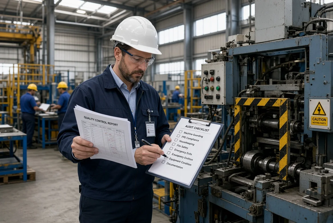 Realistic industrial photograph of an auditor examining production machinery, quality control records, and workplace safety practices during a manufacturing factory audit