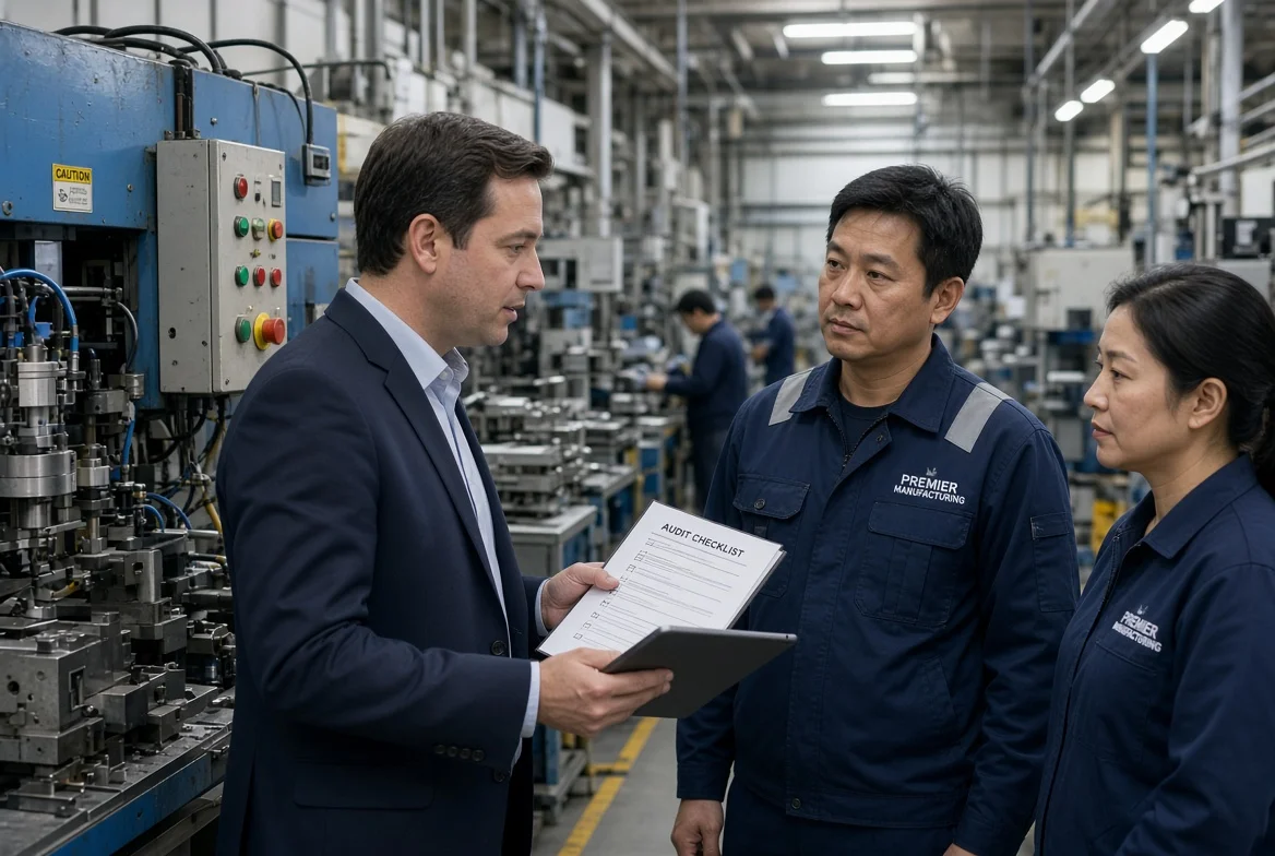 Photorealistic image of a professional third-party auditor using a tablet and checklist while inspecting equipment and speaking with staff on a busy manufacturing shop floor