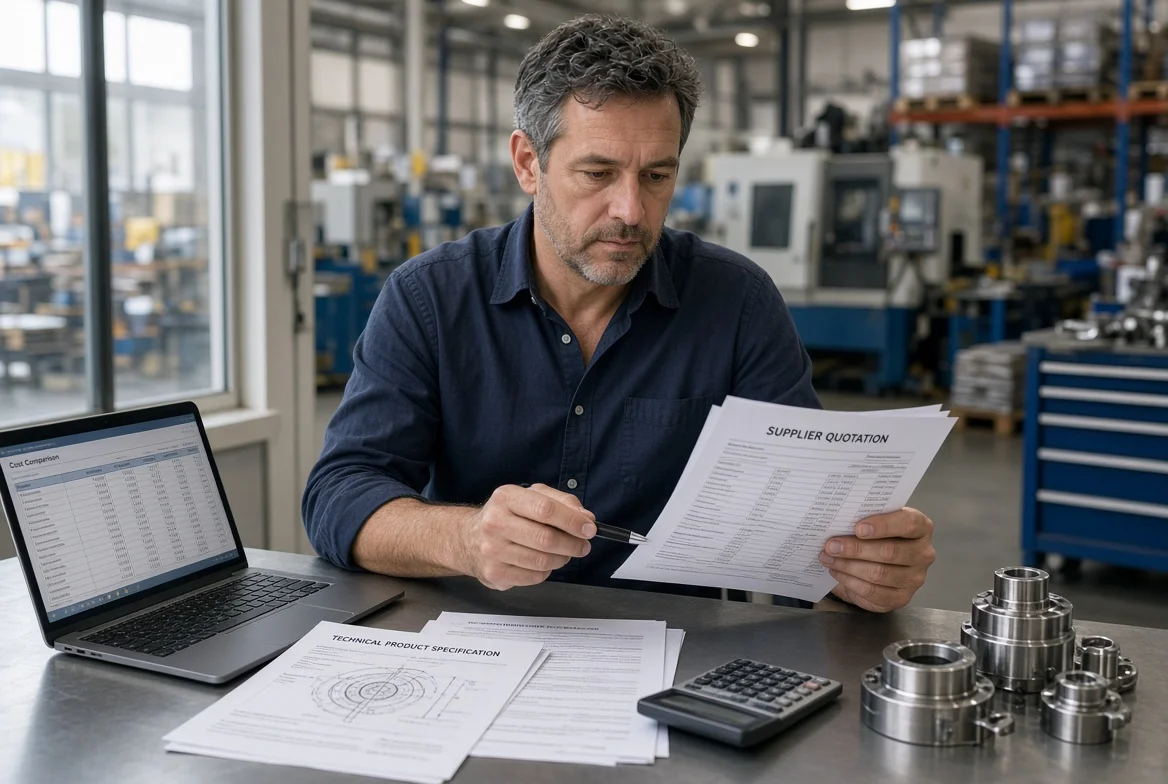 Procurement manager in a factory office reviewing supplier quotations, technical drawings, and cost data while comparing manufacturing sample parts