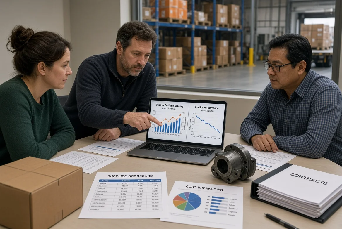 Cross-functional procurement team analyzing supplier scorecards, cost breakdowns, and delivery performance in a manufacturing meeting room