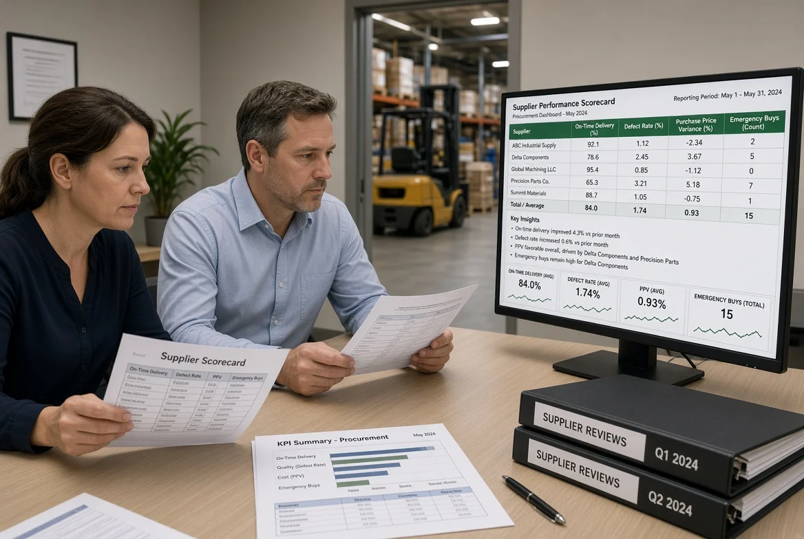Procurement professionals reviewing on-time delivery, defect rate, and emergency-purchase metrics on a supplier performance dashboard