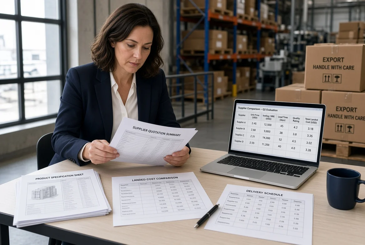 B2B procurement manager analyzing supplier quotations, product specifications, landed-cost data, and delivery plans in an industrial sourcing office beside a warehouse and production floor