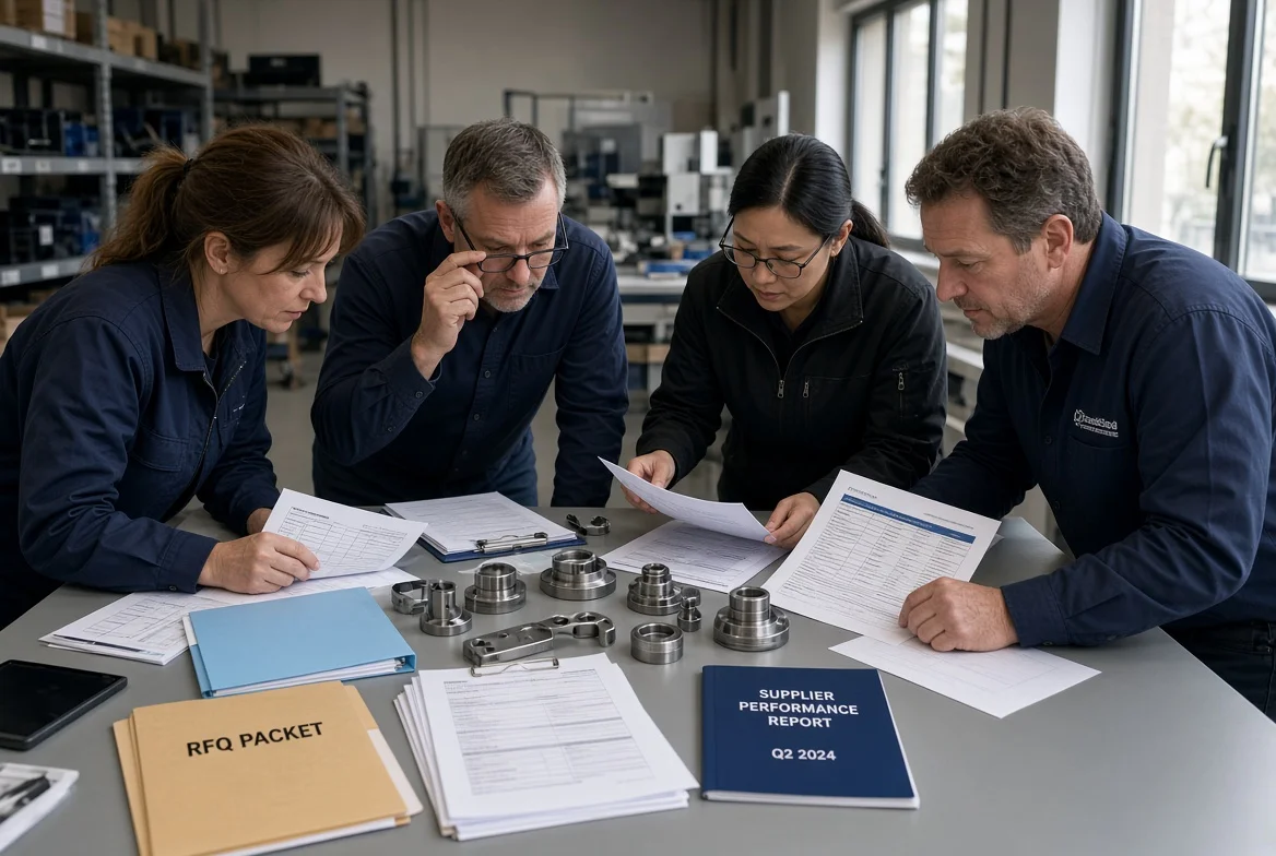 Professional procurement and supplier quality team examining RFQ documents, product samples, inspection reports and performance data on a conference table during supplier evaluation