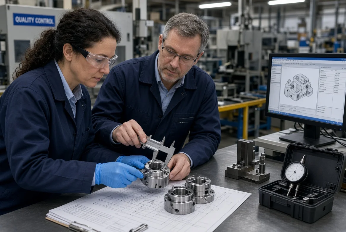 Supplier quality engineer and procurement specialist measuring metal component samples with calipers beside technical drawings at a quality control station inside a manufacturing facility