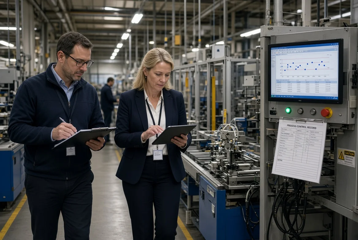 Two professionals conducting a factory audit by reviewing process control stations, quality records and equipment condition on an active manufacturing production line