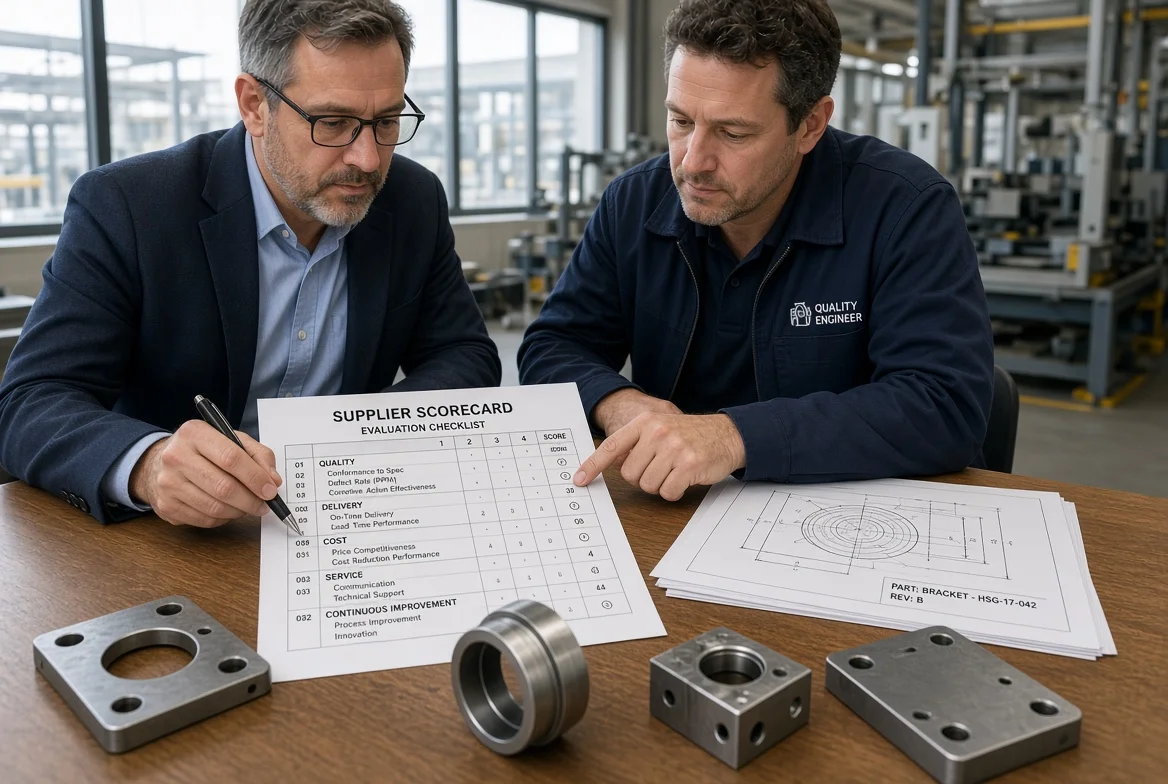 Professional overhead view of procurement manager and quality engineer examining supplier evaluation scorecard, technical drawings and precision metal samples on a desk with manufacturing plant visible through windows – illustrating practical supplier evaluation for B2B buyers