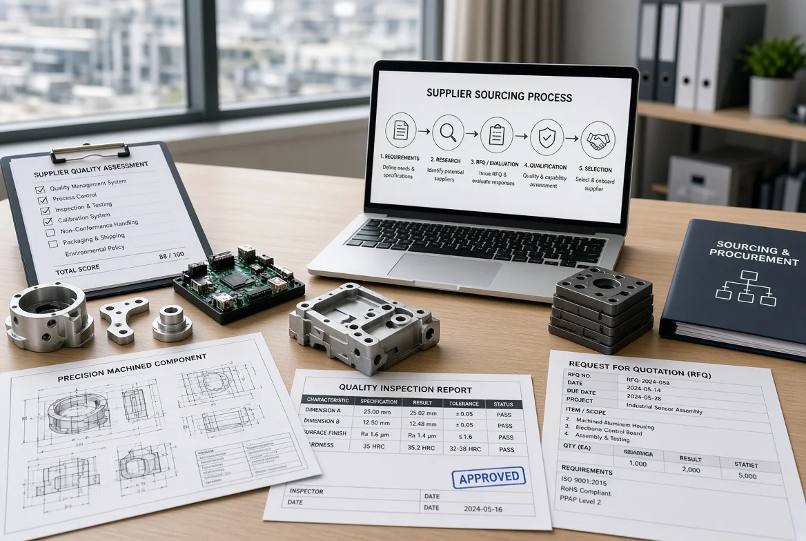 Professional office desk showing precision machined components, electronic assemblies, technical drawings, quality inspection report, RFQ document, supplier quality assessment checklist and laptop displaying the five-stage supplier sourcing process flowchart for B2B buyers
