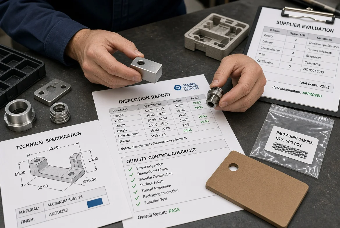 Procurement professional hands holding precision metal components next to inspection report with pass results, technical specification sheet, quality control checklist and supplier evaluation scorecard showing approved recommendation