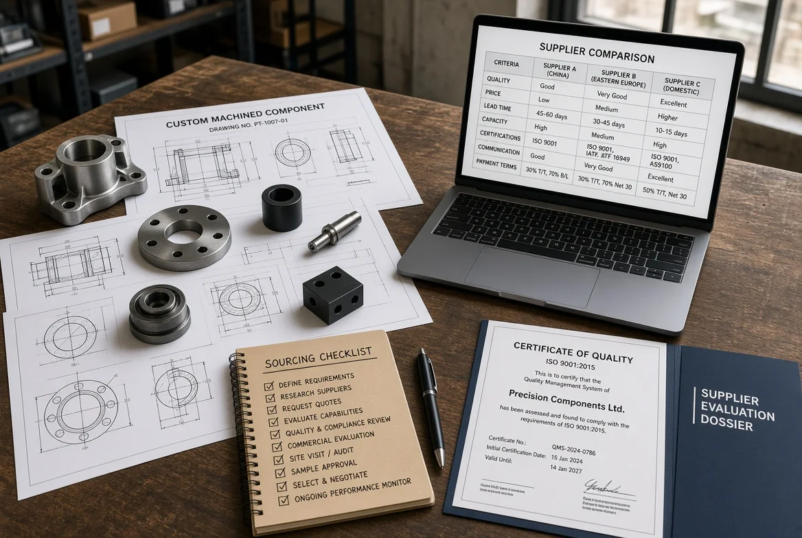 Overhead professional desk scene with custom machined component drawings, physical metal samples, sourcing checklist notebook, ISO quality certificate, supplier evaluation dossier and laptop showing multi-supplier comparison table for B2B supplier sourcing decisions