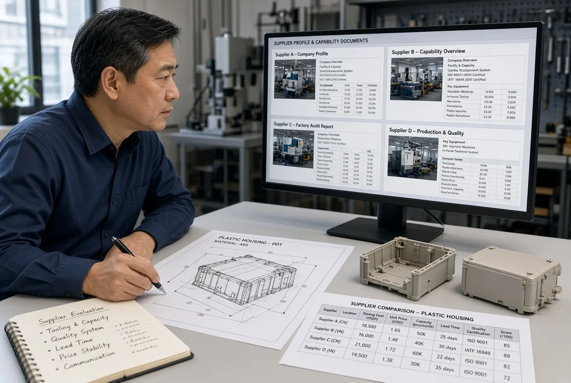 Professional buyer at desk examining supplier profiles, technical drawings, and product samples on computer screen during online manufacturer search