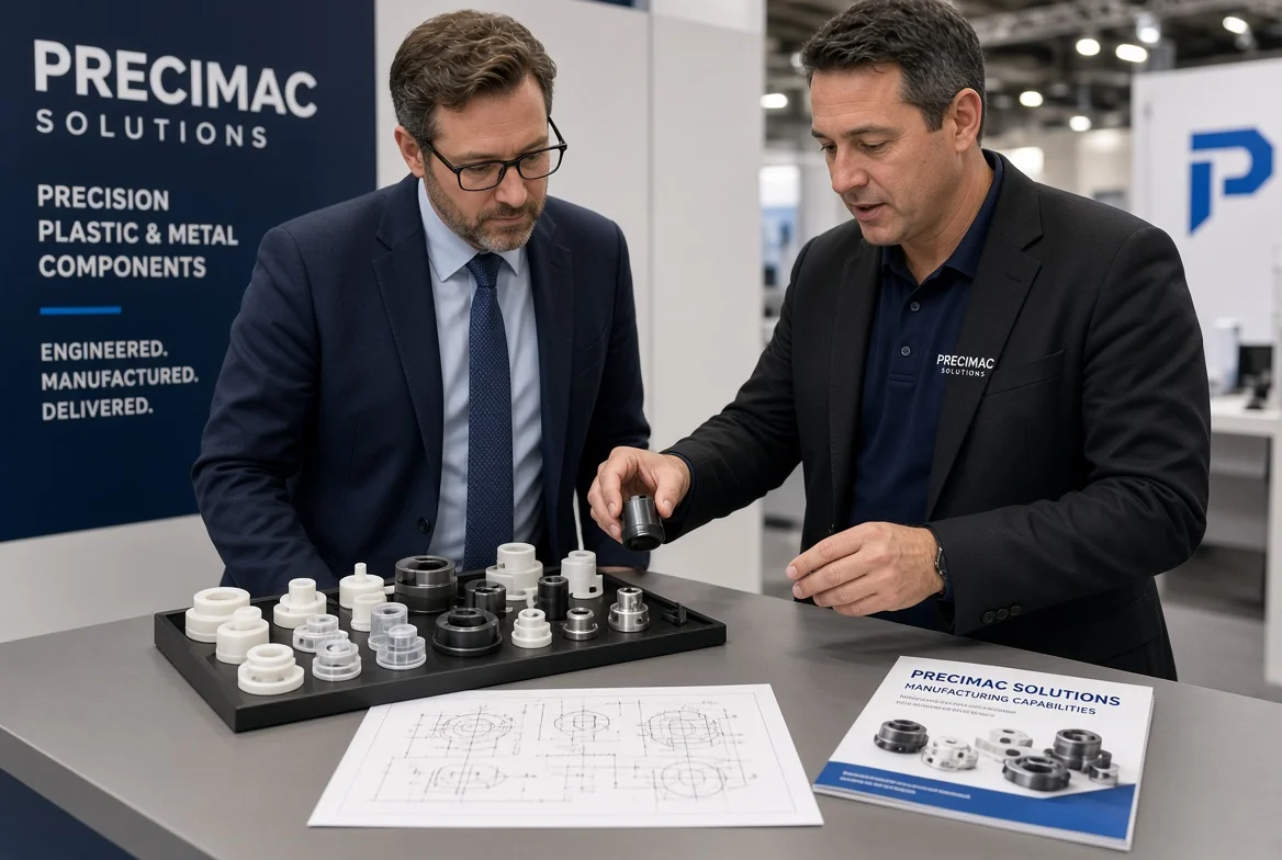 B2B buyer and manufacturer representative discussing custom product samples and technical drawings at industry trade show