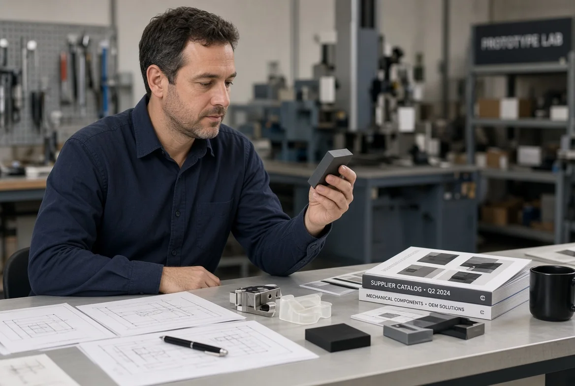 Professional B2B buyer examining physical product samples and technical drawings while evaluating potential manufacturers for a new product launch