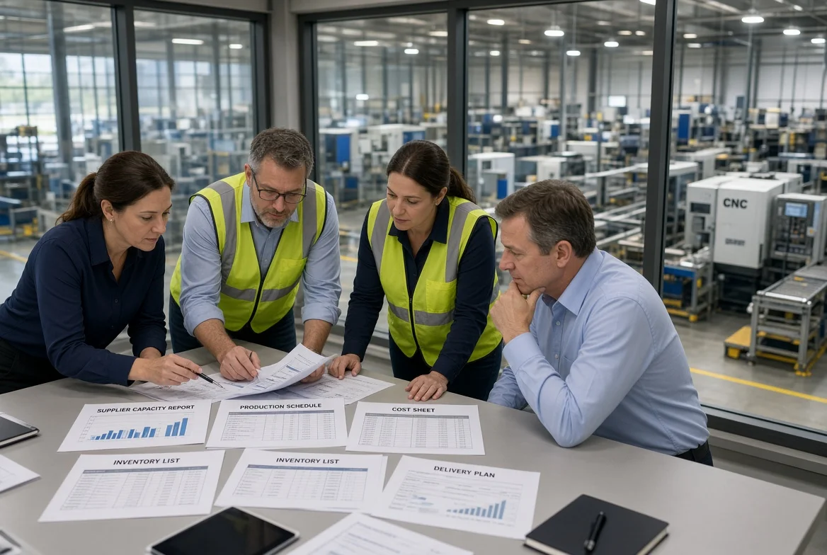 Procurement team reviewing supplier capacity against growth and production plans Procurement and operations managers in a factory meeting room reviewing supplier capacity reports, production schedules, cost sheets, and inventory plans while a manufacturing floor operates in the background.