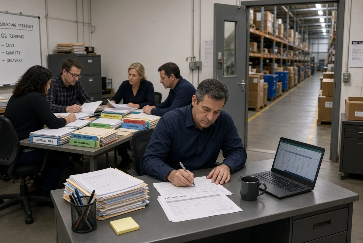 Purchasing maturity from informal buying to structured supplier management Industrial office scene showing a single buyer at a small desk in the foreground and a structured sourcing team reviewing supplier files and category records, with a warehouse aisle visible behind them.