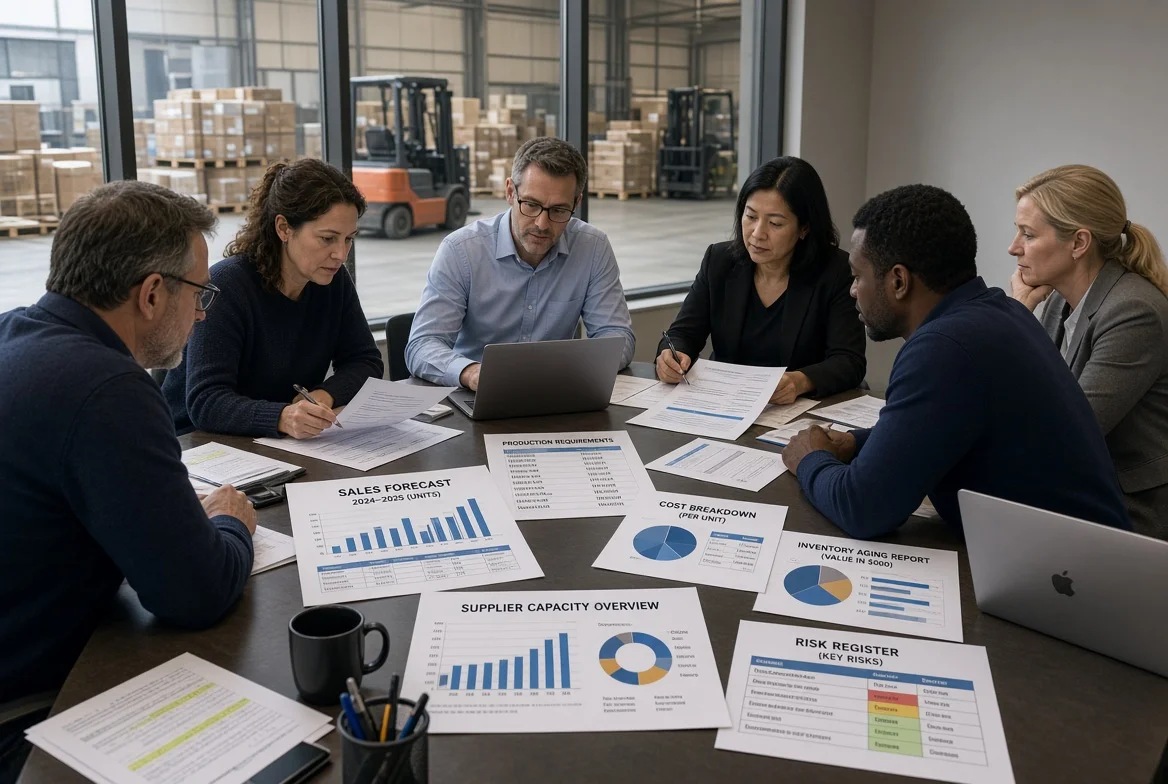 Growth-stage procurement planning session with forecasts and supply risk Cross-functional team around a table with sales forecasts, supplier capacity data, cost breakdowns, inventory reports, and a risk register in a meeting room overlooking a warehouse loading dock.