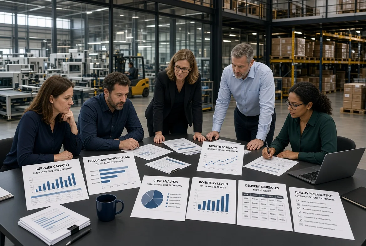 Procurement and operations team in a factory mezzanine reviewing supplier capacity, production expansion, cost, inventory, delivery, and quality plans, with an active manufacturing floor and warehouse in the background.
