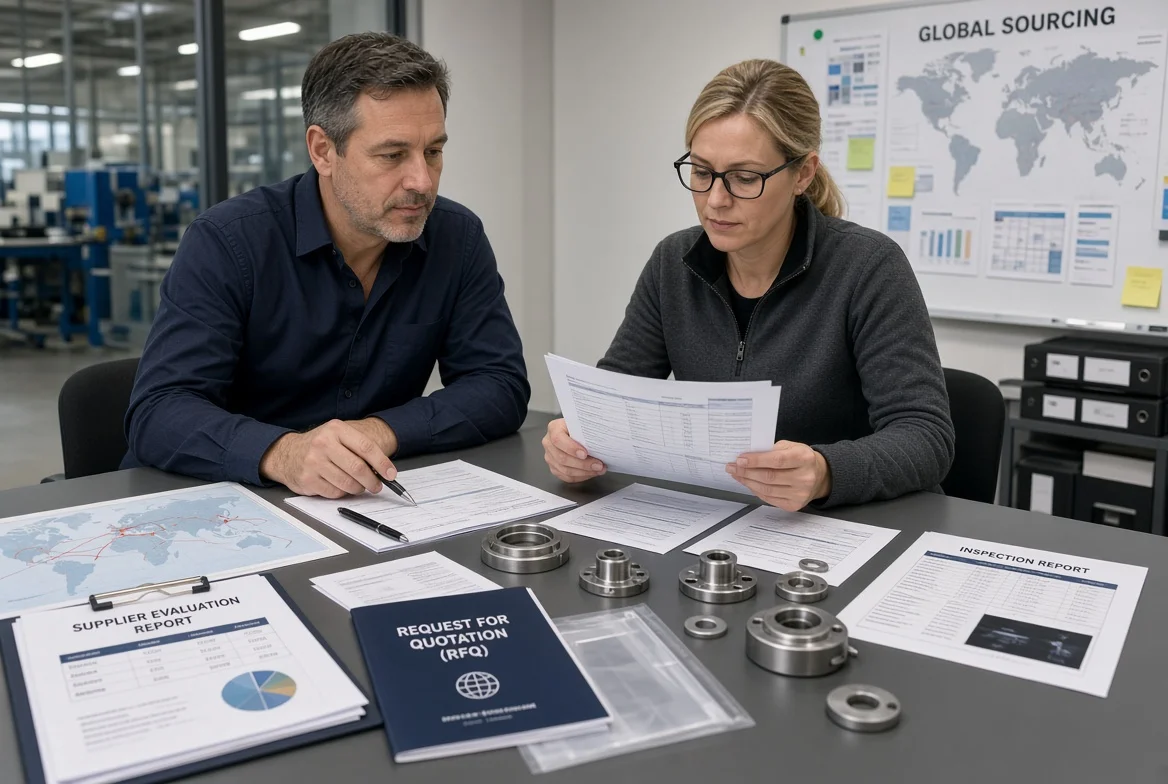 Procurement team reviewing supplier documents and samples for global sourcing evaluation Procurement manager and quality engineer examining supplier inspection reports, RFQ data and product samples during international supplier evaluation process