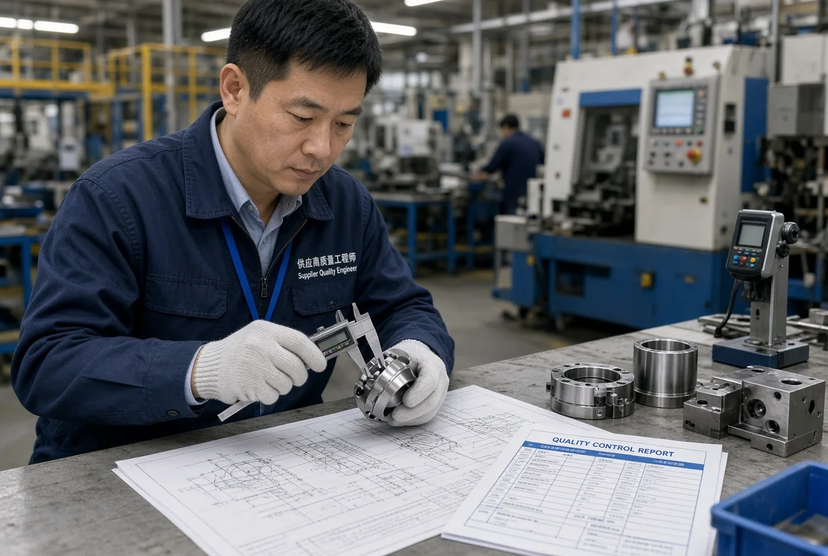 Quality engineer inspecting samples and drawings in overseas manufacturing plant Supplier quality professional checking sample parts and technical drawings at production station during overseas factory capability assessment
