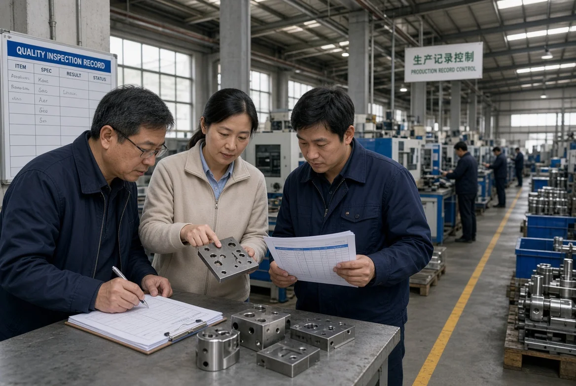 Factory walkthrough and sample review for international supplier assessment Procurement and quality team conducting on-site factory walkthrough and finished-goods inspection as part of global sourcing supplier evaluation