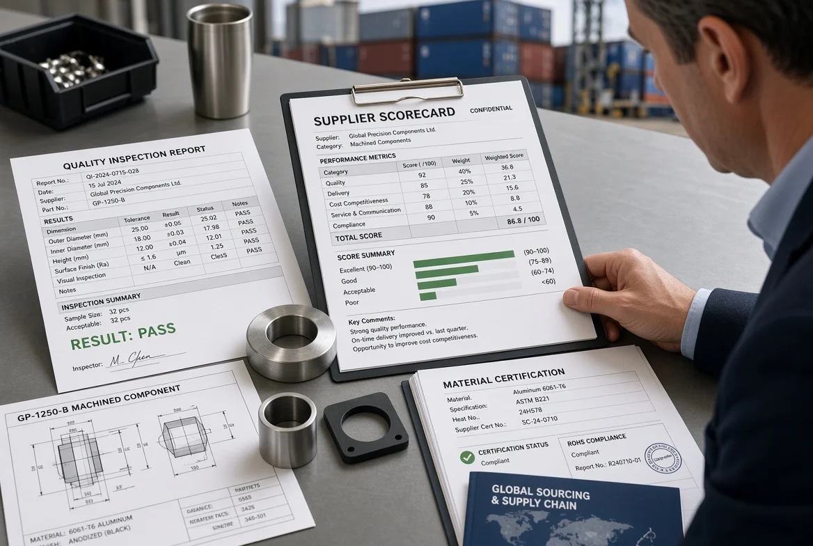 Senior procurement manager examining supplier performance scorecard, quality reports and product samples on industrial desk illustrating critical supplier evaluation for global sourcing success