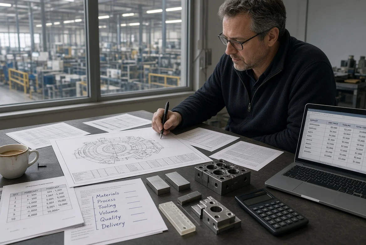 Procurement desk with multiple supplier quotations, a technical drawing, material samples, and notes showing how scope, materials, tooling, volume, quality, and delivery create different prices
