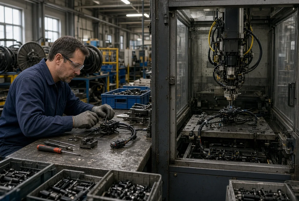 Factory comparison of manual cable or component assembly and an automated production cell, showing how process method changes manufacturing cost