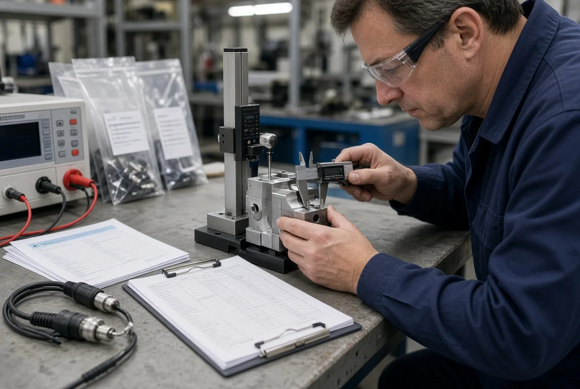 Inspector measuring a machined part beside inspection records, material certificates, and electrical test equipment used to define quotation quality scope
