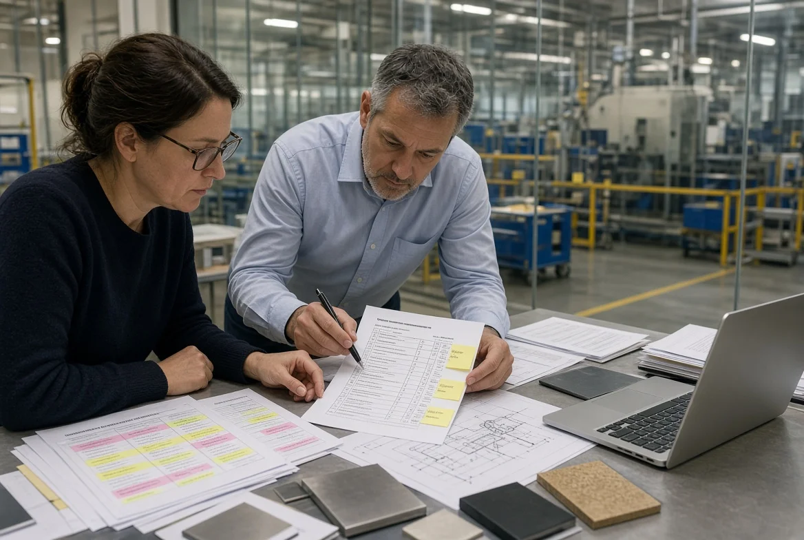 Procurement team reviewing a quote-difference checklist with supplier quotations, drawings, material samples, and clarification notes