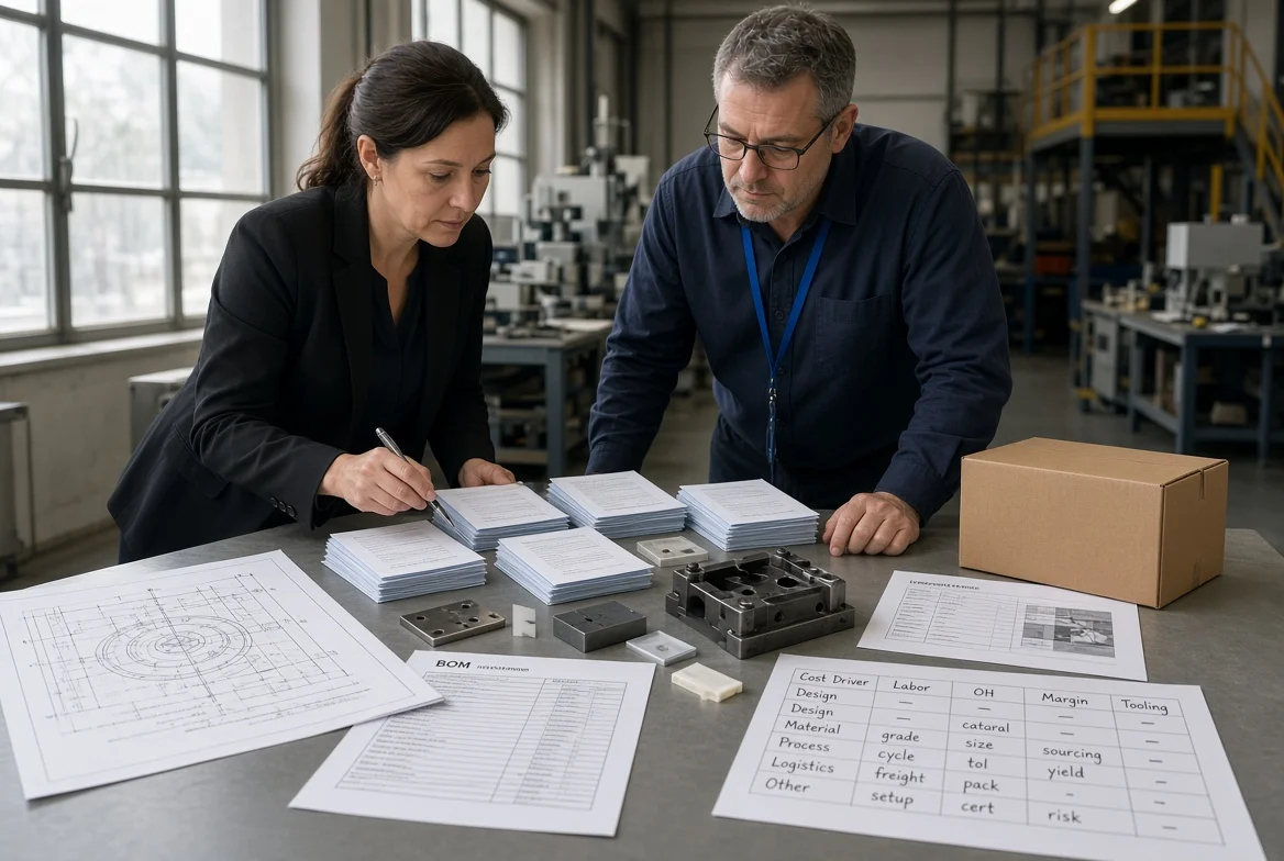 Buyer and engineer reviewing multiple supplier quotations next to drawings, material samples, tooling, quantity schedules, quality documents, and packaging notes that explain manufacturing cost differences