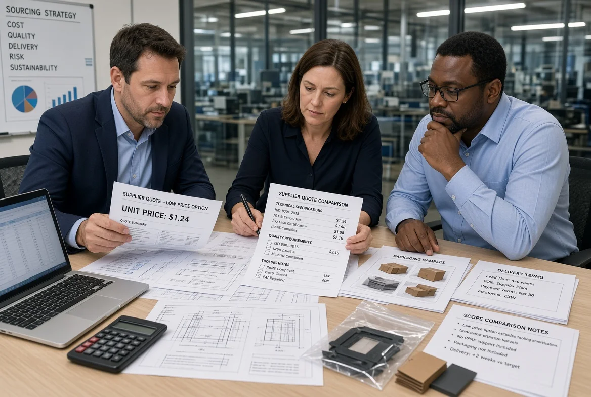 Procurement professionals at a conference table reviewing a low-price supplier quotation side-by-side with RFQ drawings, quality checklists, tooling notes, packaging samples, and delivery terms in a manufacturing office