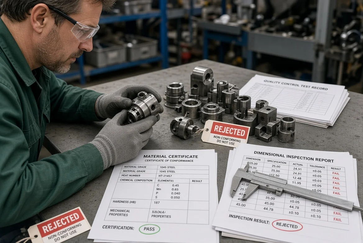 Factory quality inspector examining non-conforming metal components next to rejection tags, dimensional inspection reports, material certificates, and measurement tools highlighting quality risks behind low supplier quotes