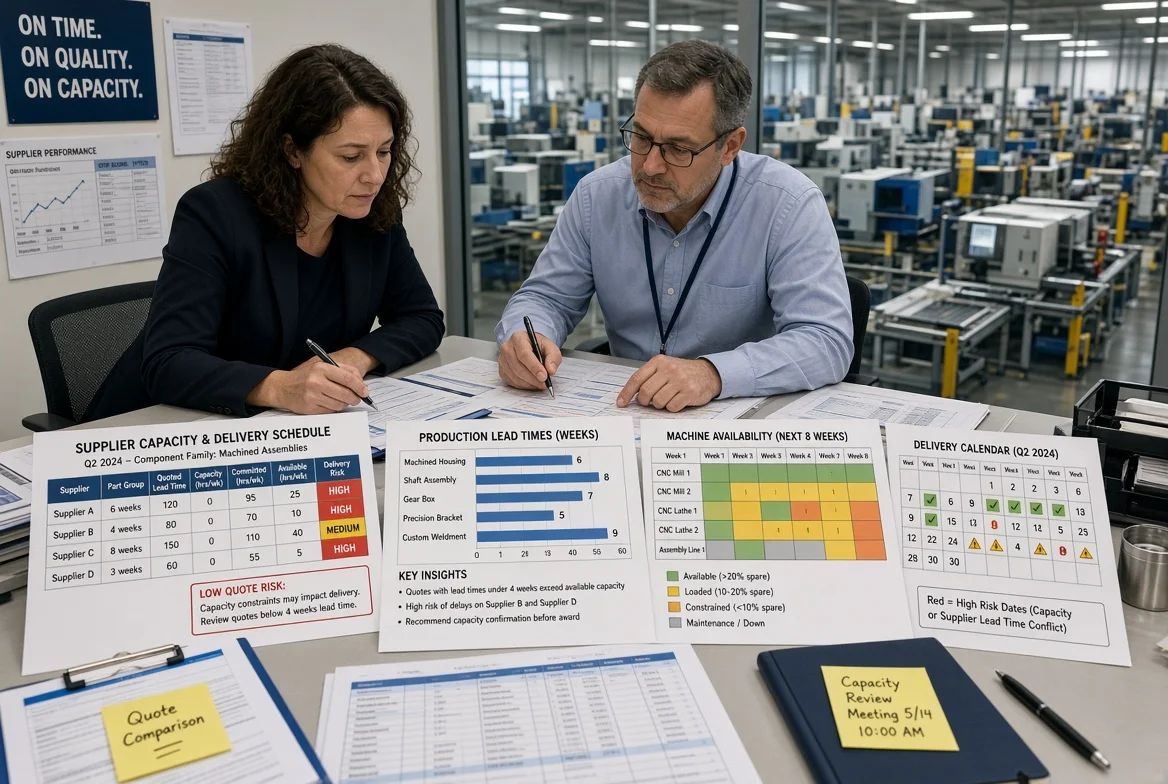 Procurement specialist and production planner examining capacity planning sheets, machine availability charts, and delivery calendars while overlooking an active manufacturing floor with CNC equipment