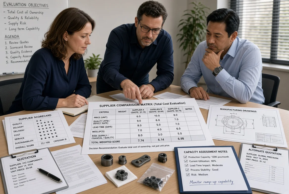 Three procurement professionals reviewing a supplier comparison matrix, total cost worksheet, quality evidence samples, and capacity assessment notes during structured evaluation of an unusually low quotation