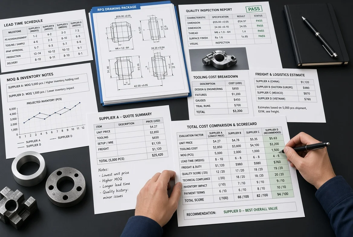 Overhead view of a buyer’s hands reviewing competing supplier quotes, total cost comparison scorecard, RFQ drawings, quality reports, lead-time schedules, MOQ notes, and product samples illustrating why the lowest supplier quote is not always the best procurement choice